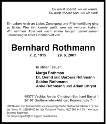 Traueranzeige von Bernhard Rothmann von Tageszeitung
