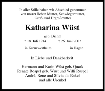 Traueranzeige von Katharina Wüst von Tageszeitung