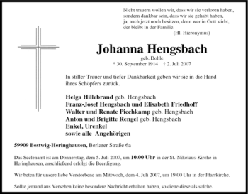 Traueranzeige von Johanna Hengsbach von Tageszeitung