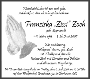 Traueranzeige von Franziska Zoch von Tageszeitung