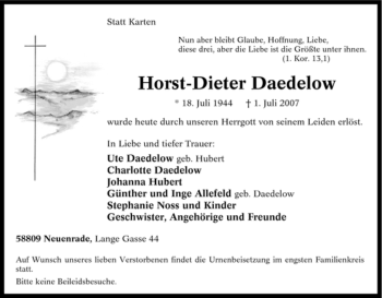 Traueranzeige von Horst-Dieter Daedelow von Tageszeitung