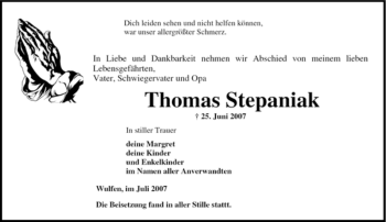 Traueranzeige von Thomas Stepaniak von Tageszeitung