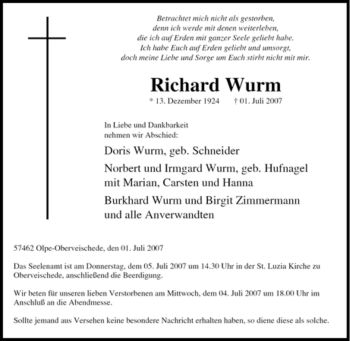 Traueranzeige von Richard Wurm von Tageszeitung