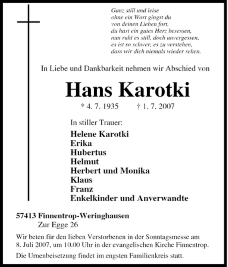  Traueranzeige für Hans Karotki vom 03.07.2007 aus Tageszeitung