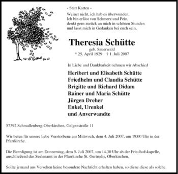 Traueranzeige von Theresia Schütte von Tageszeitung