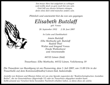 Traueranzeige von lisabeth Butzlaff von Tageszeitung