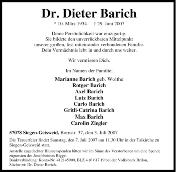 Traueranzeige von Dieter Barich von Tageszeitung