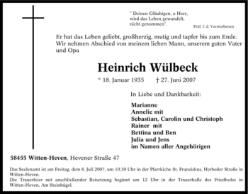 Traueranzeige von Heinrich Wülbeck von Tageszeitung
