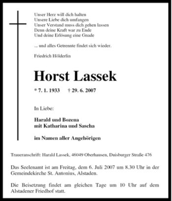Traueranzeige von Horst Lassek von Tageszeitung