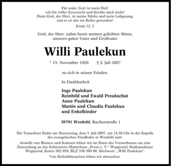 Traueranzeige von Willi Paulekun von Tageszeitung