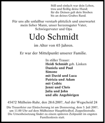 Traueranzeige von Udo Schmidt von Tageszeitung