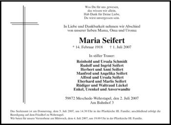 Traueranzeige von Maria Seifert von Tageszeitung