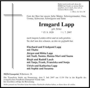 Traueranzeige von Irmgard Lapp von Tageszeitung