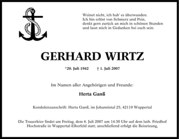 Traueranzeige von Gerhard Wirtz von Tageszeitung