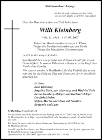 Traueranzeige von Willi Kleinberg von Tageszeitung
