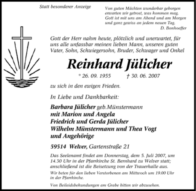  Traueranzeige für Reinhard Jülicher vom 03.07.2007 aus Tageszeitung