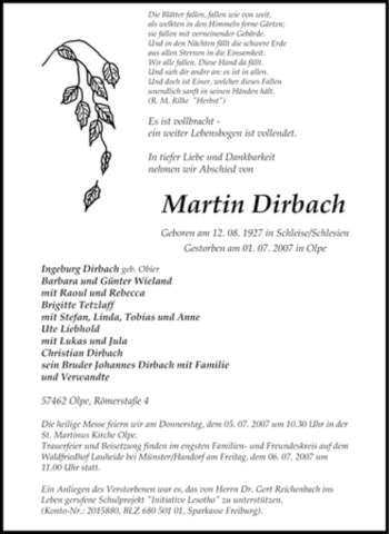 Traueranzeige von Martin Dirbach von Tageszeitung