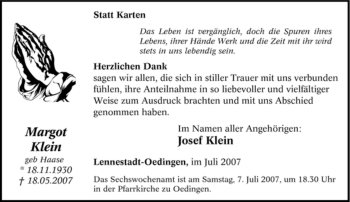 Traueranzeige von Margot Klein von Tageszeitung