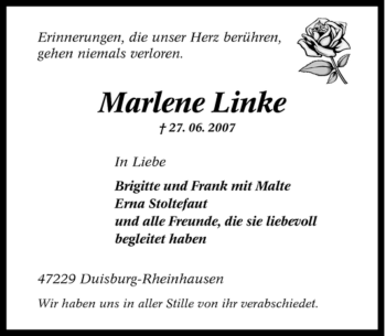 Traueranzeige von Marlene Linke von Tageszeitung