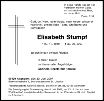 Traueranzeige von Elisabeth Stumpf von Tageszeitung