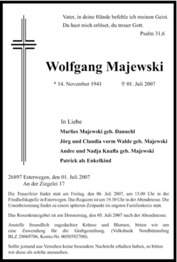 Traueranzeige von Wolfgang Majewski von Tageszeitung
