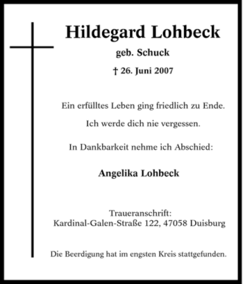 Traueranzeige von Hildegard Lohbeck von Tageszeitung