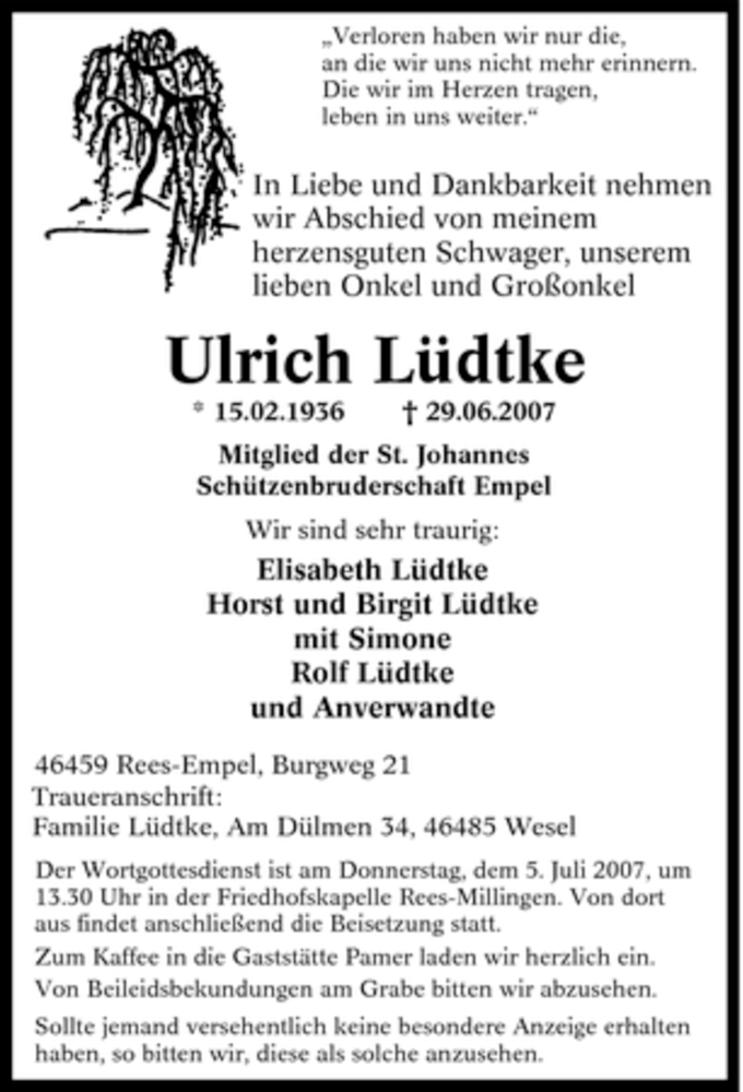  Traueranzeige für Ulrich Lüdtke vom 04.07.2007 aus Tageszeitung
