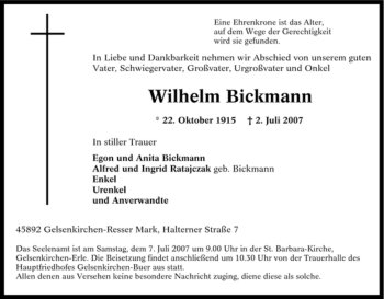 Traueranzeige von Wilhelm Bickmann von Tageszeitung