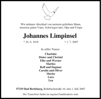 Traueranzeige von Johannes Limpinsel von Tageszeitung