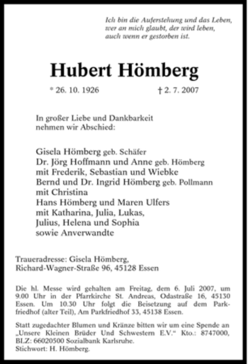 Traueranzeige von Hubert Hömberg von Tageszeitung
