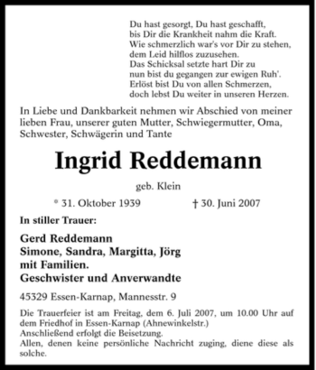 Traueranzeige von Ingrid Reddemann von Tageszeitung