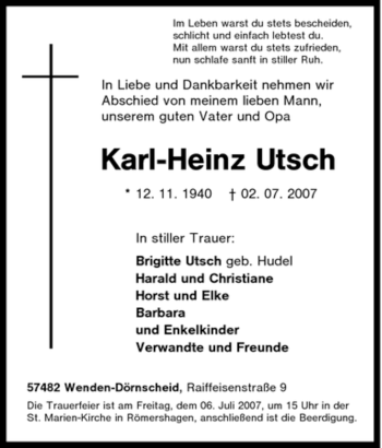 Traueranzeige von Karl-Heinz Utsch von Tageszeitung