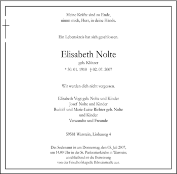 Traueranzeige von Elisabeth Nolte von Tageszeitung