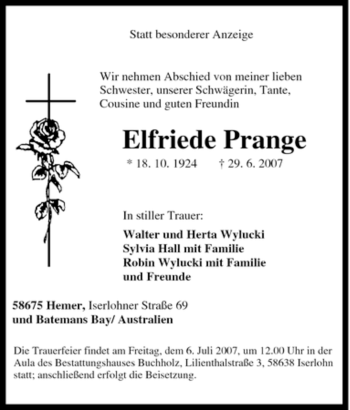 Traueranzeige von Elfriede Prange von Tageszeitung