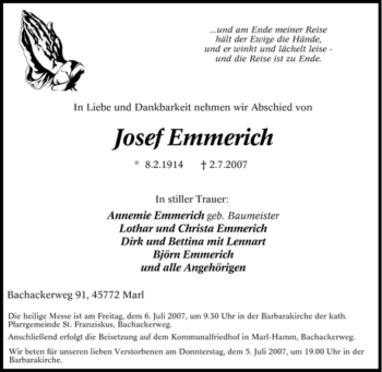 Traueranzeige von Josef Emmerich von Tageszeitung