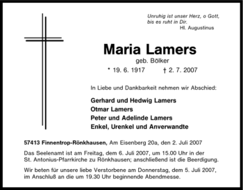 Traueranzeige von Maria Lamers von Tageszeitung