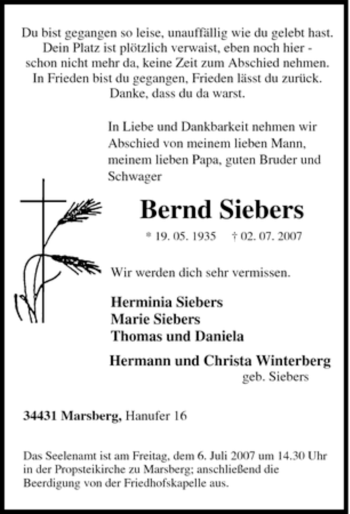 Traueranzeige von Bernd Siebers von Tageszeitung