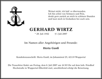 Traueranzeige von Gerhard Wirtz von Tageszeitung