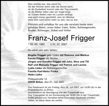 Traueranzeige von Franz-Josef Frigger von Tageszeitung