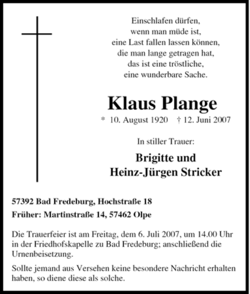  Traueranzeige für Klaus Plange vom 04.07.2007 aus Tageszeitung