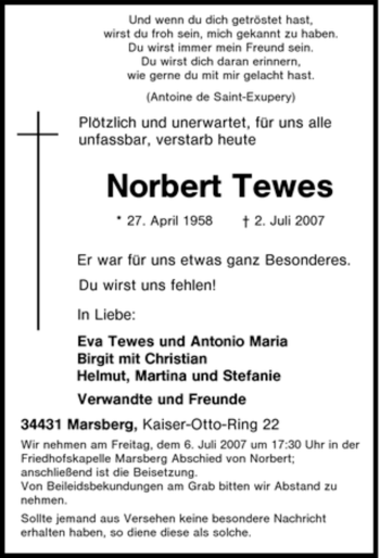 Traueranzeige von Norbert Tewes von Tageszeitung