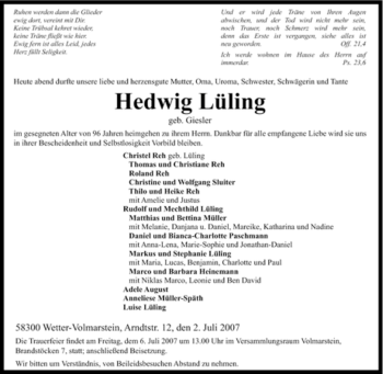 Traueranzeige von Hedwig Lüling von Tageszeitung