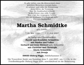 Traueranzeige von Martha Schmidtke von Tageszeitung
