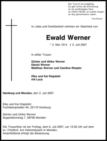 Traueranzeige von Ewald Werner von Tageszeitung