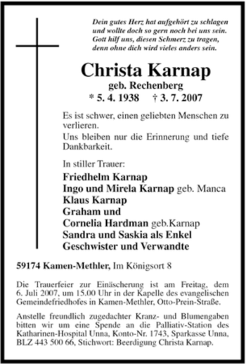 Traueranzeige von Christa Karnap von Tageszeitung