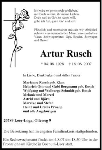 Traueranzeige von Artur Rusch von Tageszeitung