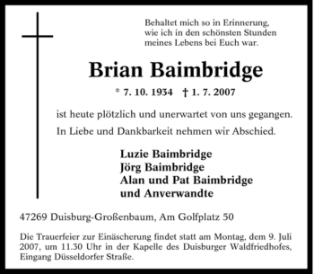 Traueranzeige von Brian Baimbridge von Tageszeitung