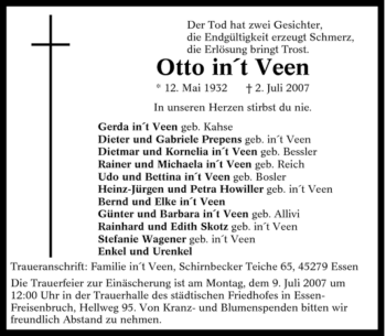 Traueranzeige von Otto in`t Veen von Tageszeitung