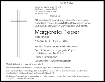 Traueranzeige von Margareta Pieper von Tageszeitung