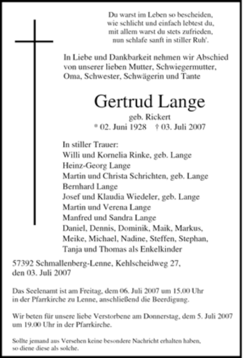 Traueranzeige von Gertrud Lange von Tageszeitung